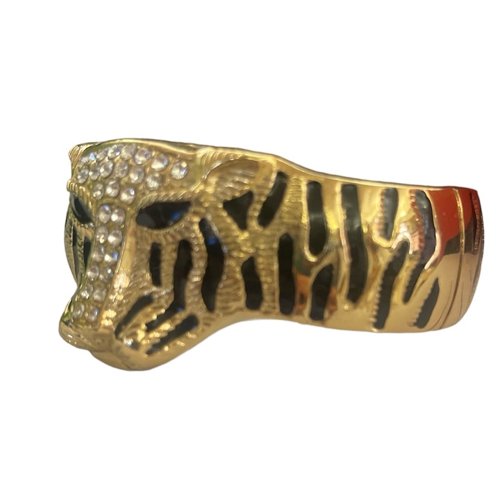 Vintage Tiger Clamper Bangle Bracelet with Crystal-Embellished Tiger Head, EUC - Picture 2 of 4